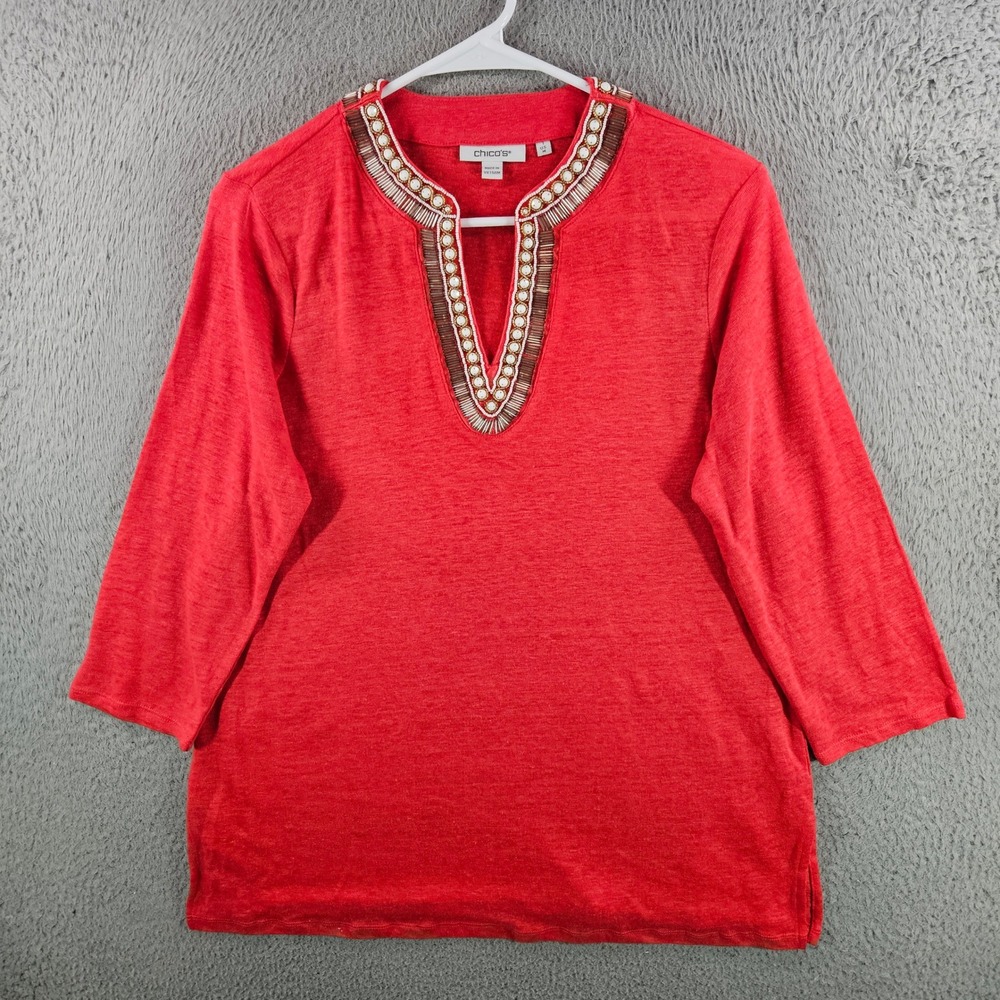 Chicos Red Linen Beaded Neck Tunic Top Womens Size 1‎ Medium 3/4 Sleeve Split V